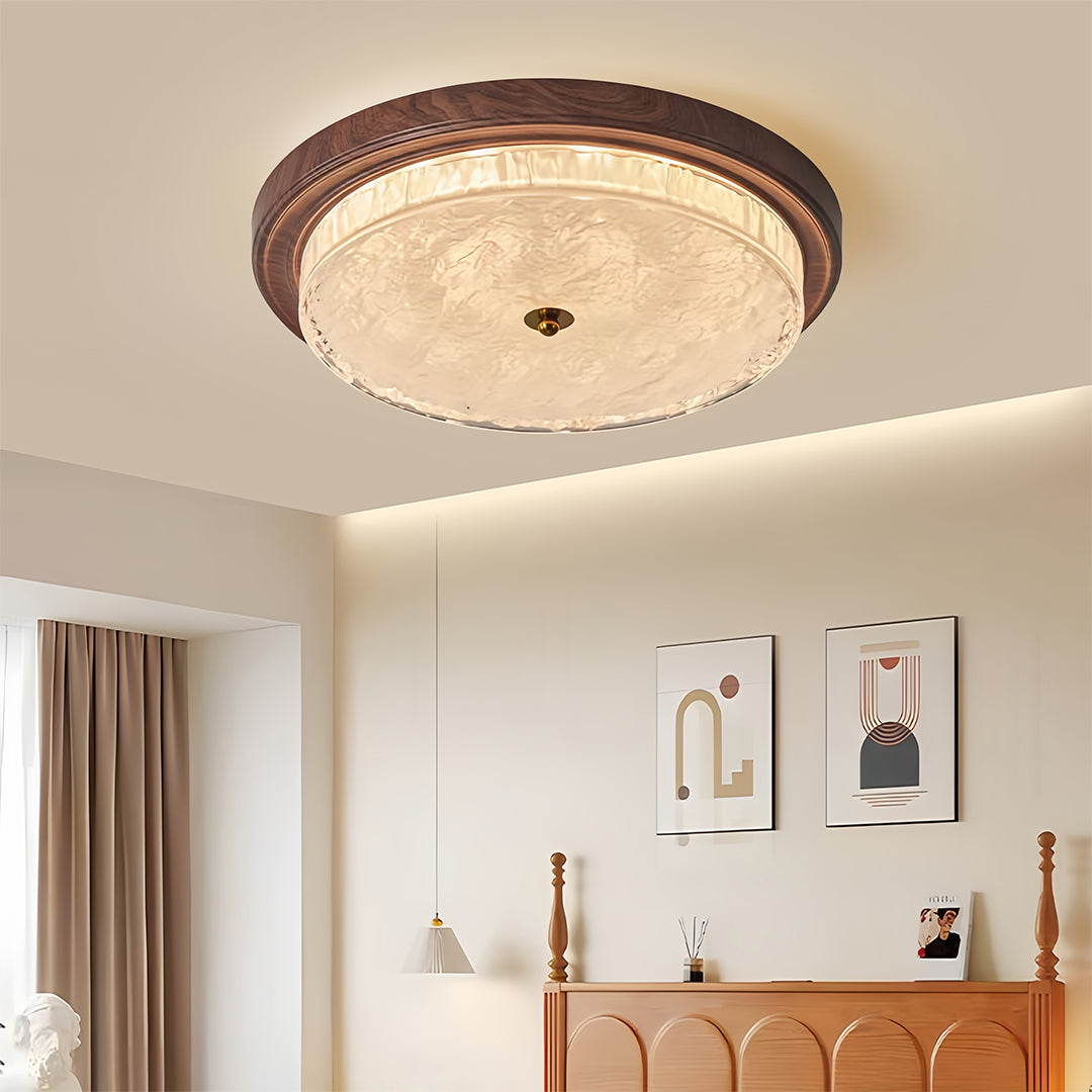 Ribbed Glass Dome Flush Mount Ceiling Light in Walnut Iron