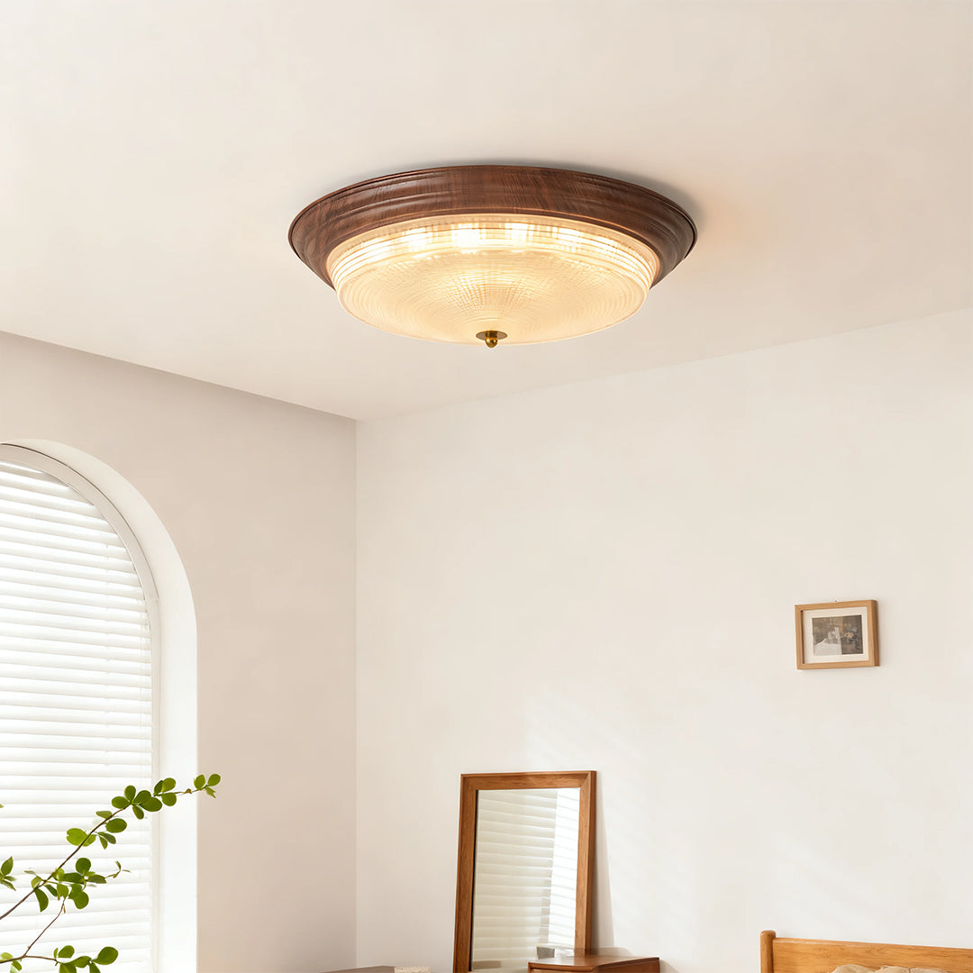 Ribbed Glass Dome Flush Mount Ceiling Light in Walnut Iron