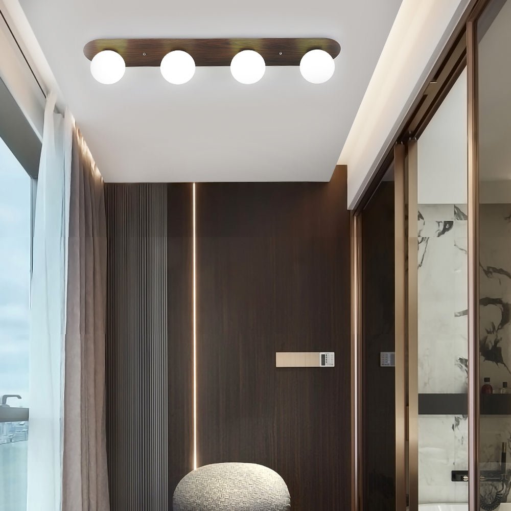 Walnut Flush Mount Ceiling Light with Milky White Glass Globes