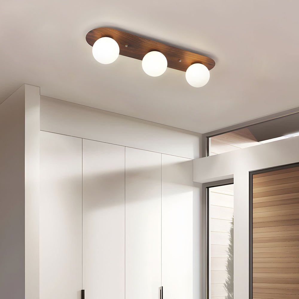 Walnut Flush Mount Ceiling Light with Milky White Glass Globes
