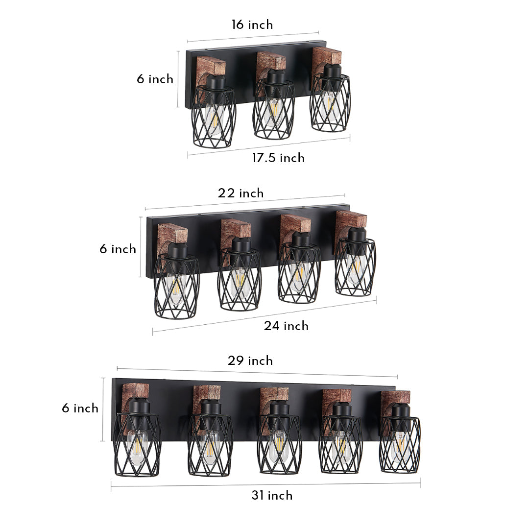 Black Metal Cage Vanity Light with Walnut Accents for Bathroom Mirror