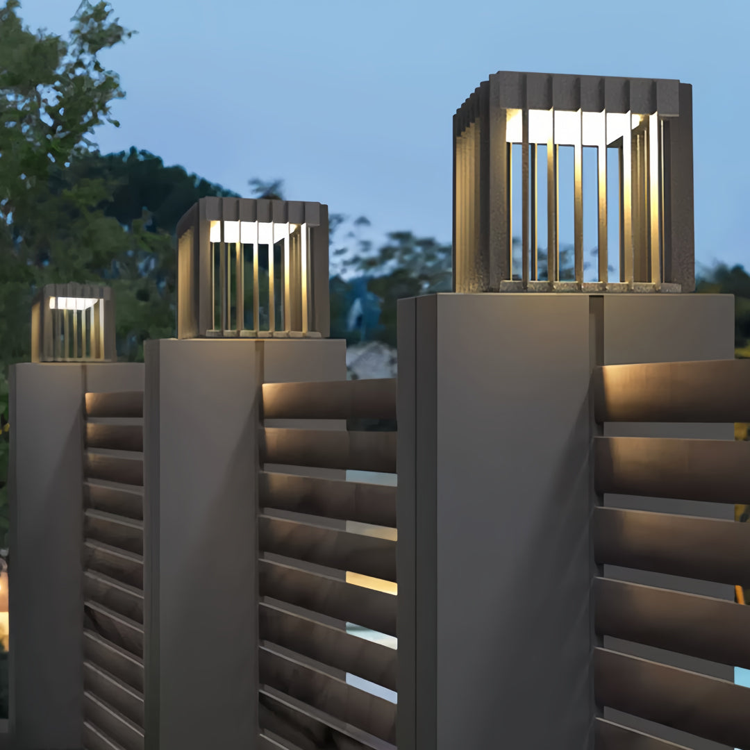 Modern Outdoor Pillar Light with Geometric Hollow Frame, Stainless Steel LED Post Lantern for Courtyard and Entryway