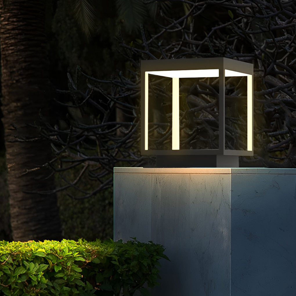 Open Frame LED Solar Post Light – Modern Square Pier-Mounted Outdoor Lantern