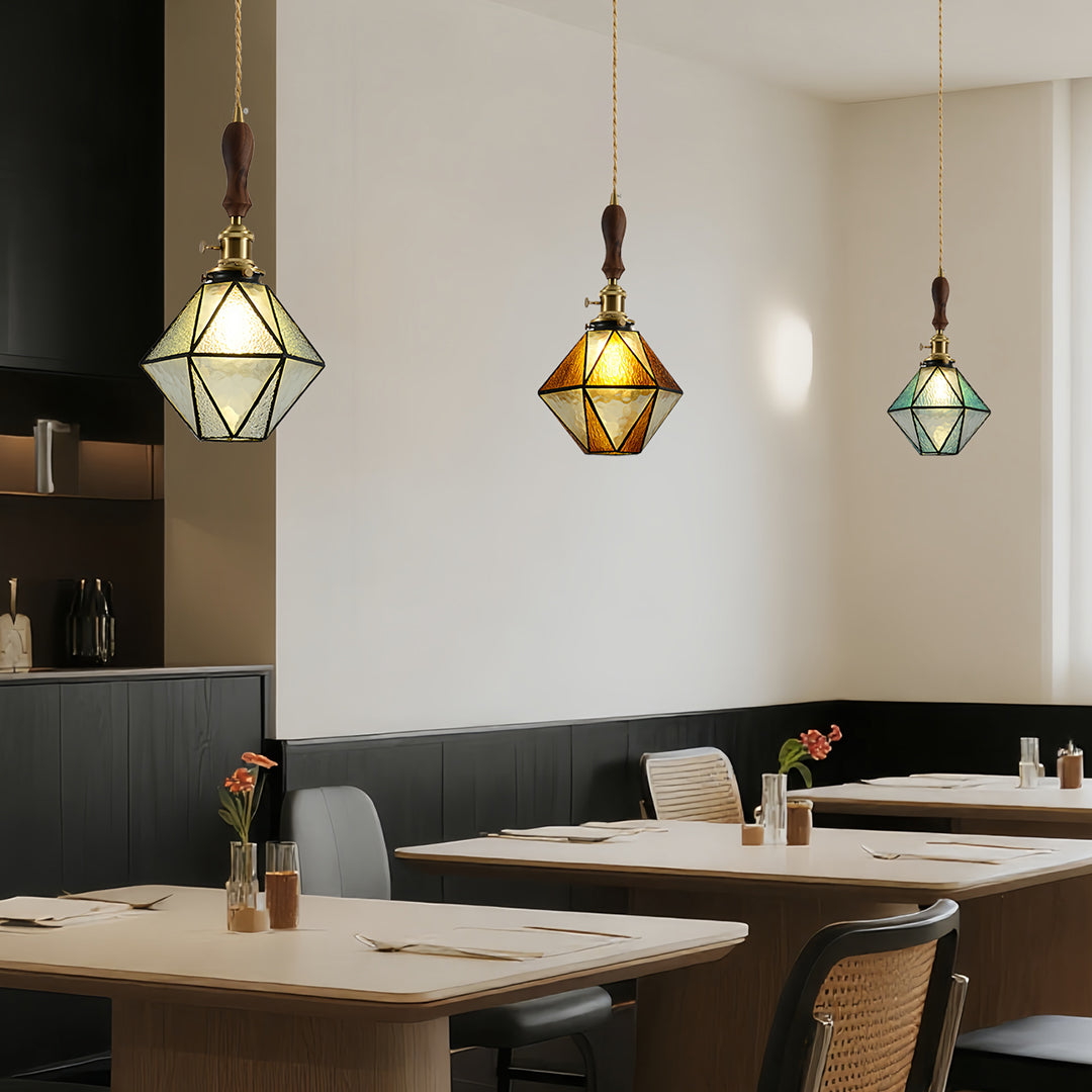 Diamond Glass Pendant Light with Brass and Wood Accents