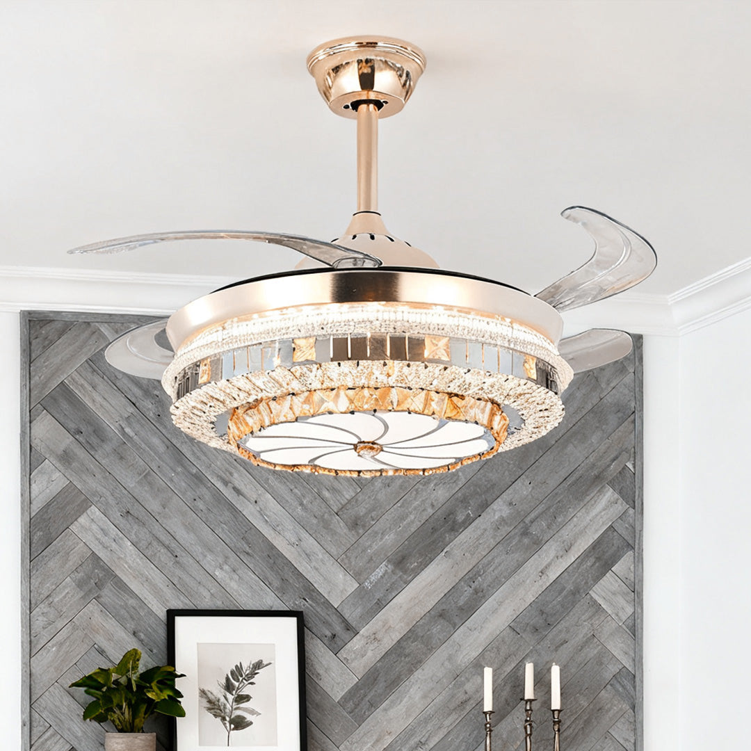Lumina Gold Crystal Ceiling Fan with Dimmable LED Light, Modern 4-Blade Design