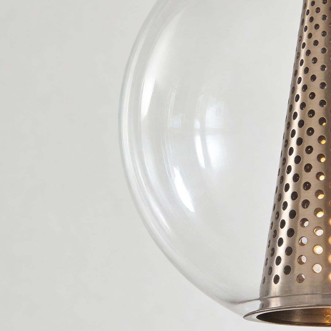 Brass Glass Ball Pendant Light with Perforated Metal Cone