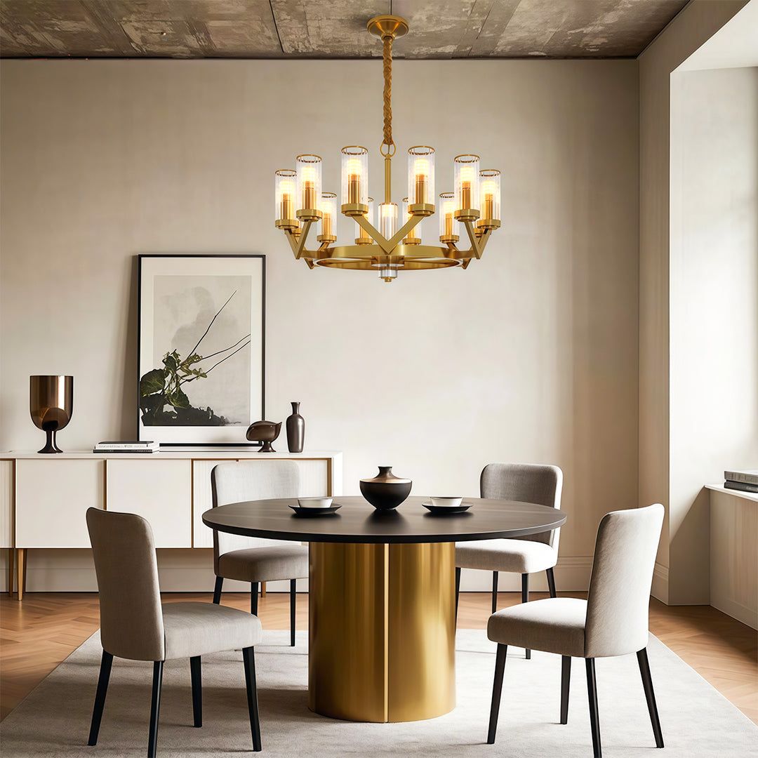 Lumière Cascade: Modern Copper Glass Drop Chandelier for Elegant Interiors