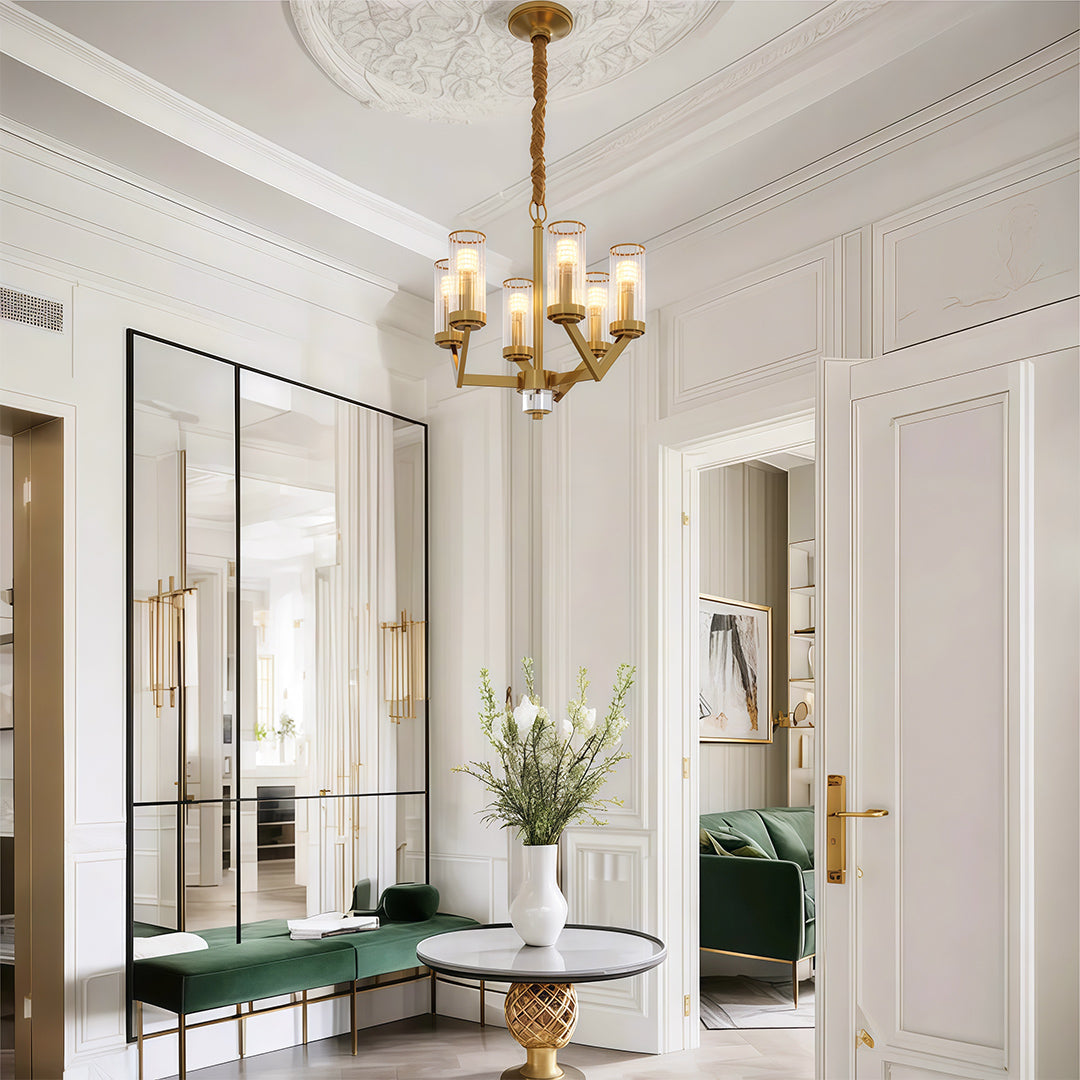 Lumière Cascade: Modern Copper Glass Drop Chandelier for Elegant Interiors