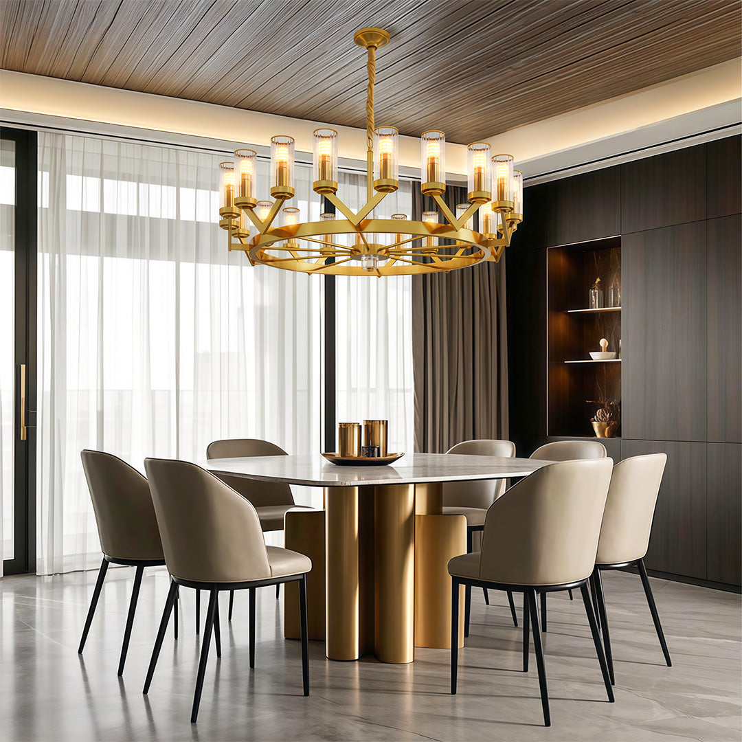 Lumière Cascade: Modern Copper Glass Drop Chandelier for Elegant Interiors