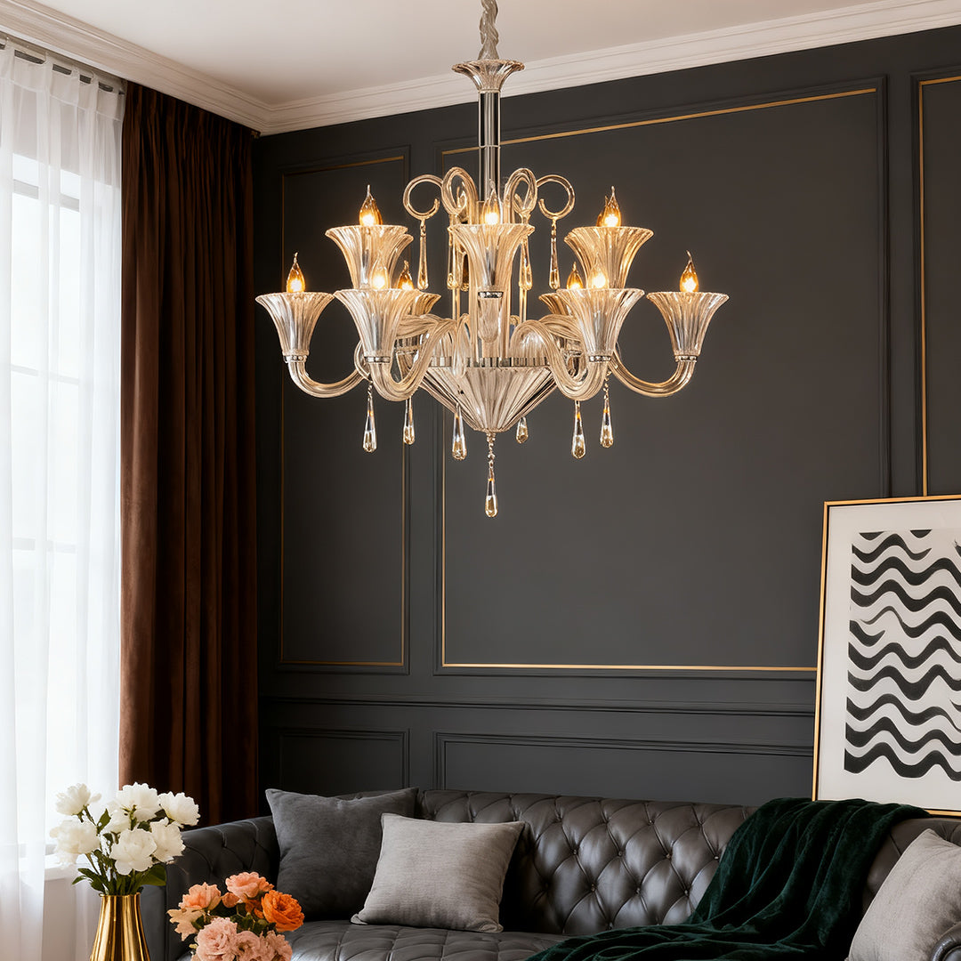French Art Glass Chandelier with Elegant Hardware, 12 or 18 Lights