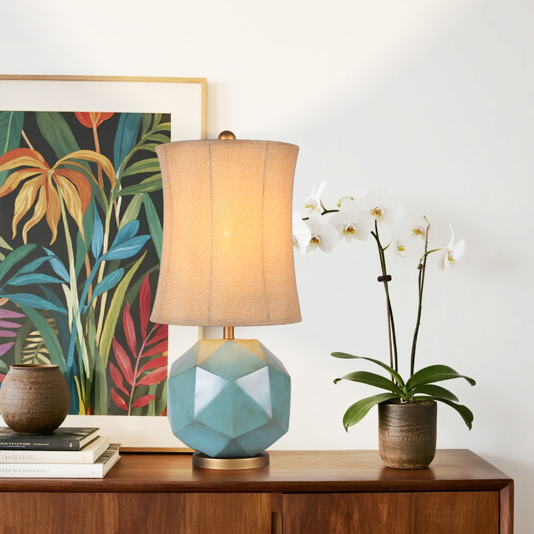 Teal Resin Table Lamp with Brown Fabric Shade – Modern Industrial Designer Lighting
