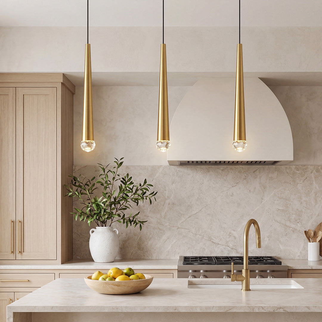 Slim Cylinder LED Pendant Light in Gold or Black with Crystal Accents