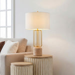 Nordic Geometric Cage Table Lamp with Limestone Base and Fabric Shade