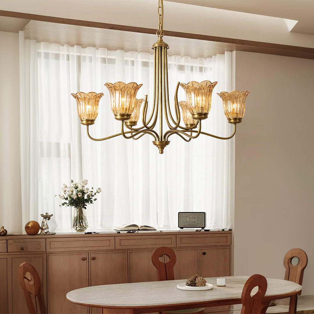 Aurelia Brass and Glass Six-Light Chandelier with Adjustable Chain