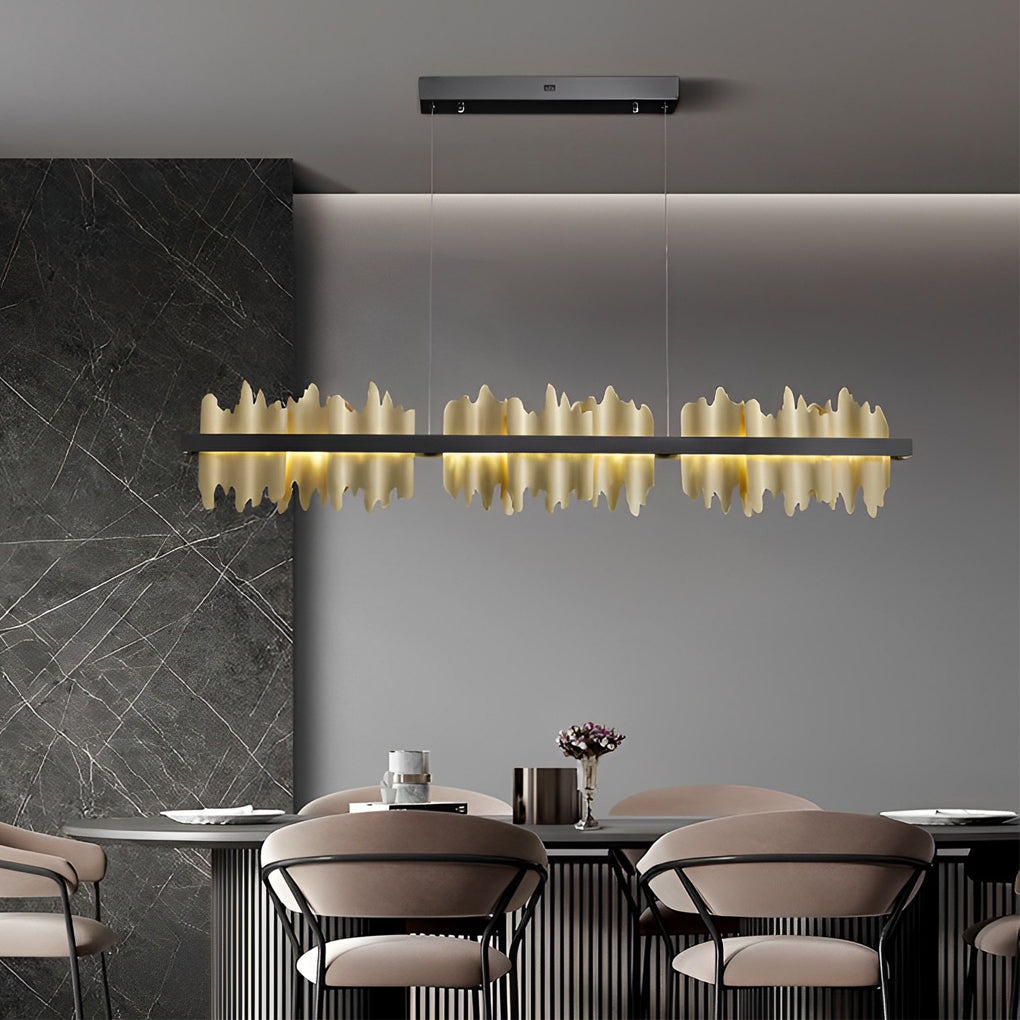 Linear Gold Pendant Light with Mountain Silhouette, Modern LED Chandelier
