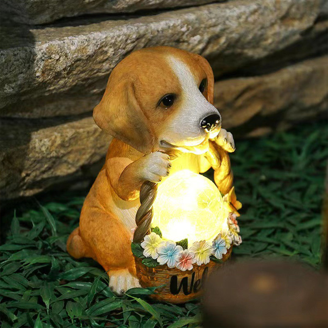 Solar-Powered Resin Puppy Garden Light with Flower Basket
