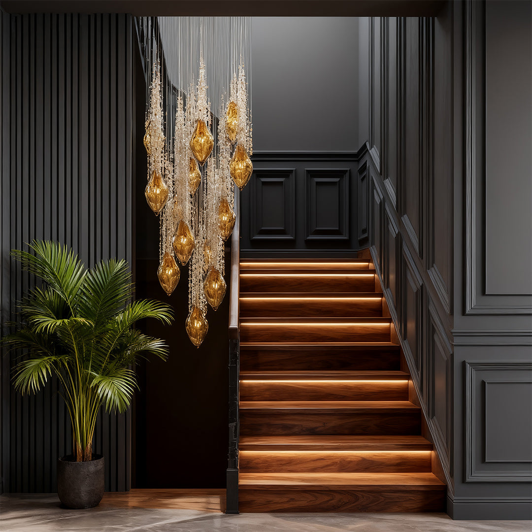 Cognac Crystal Staircase Chandelier – Modern Linear LED Pendant for Grand Interiors