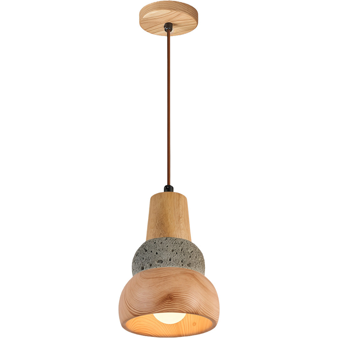 Wabi-Sabi Wood Pendant Light with Cement Accent, Adjustable Hanging