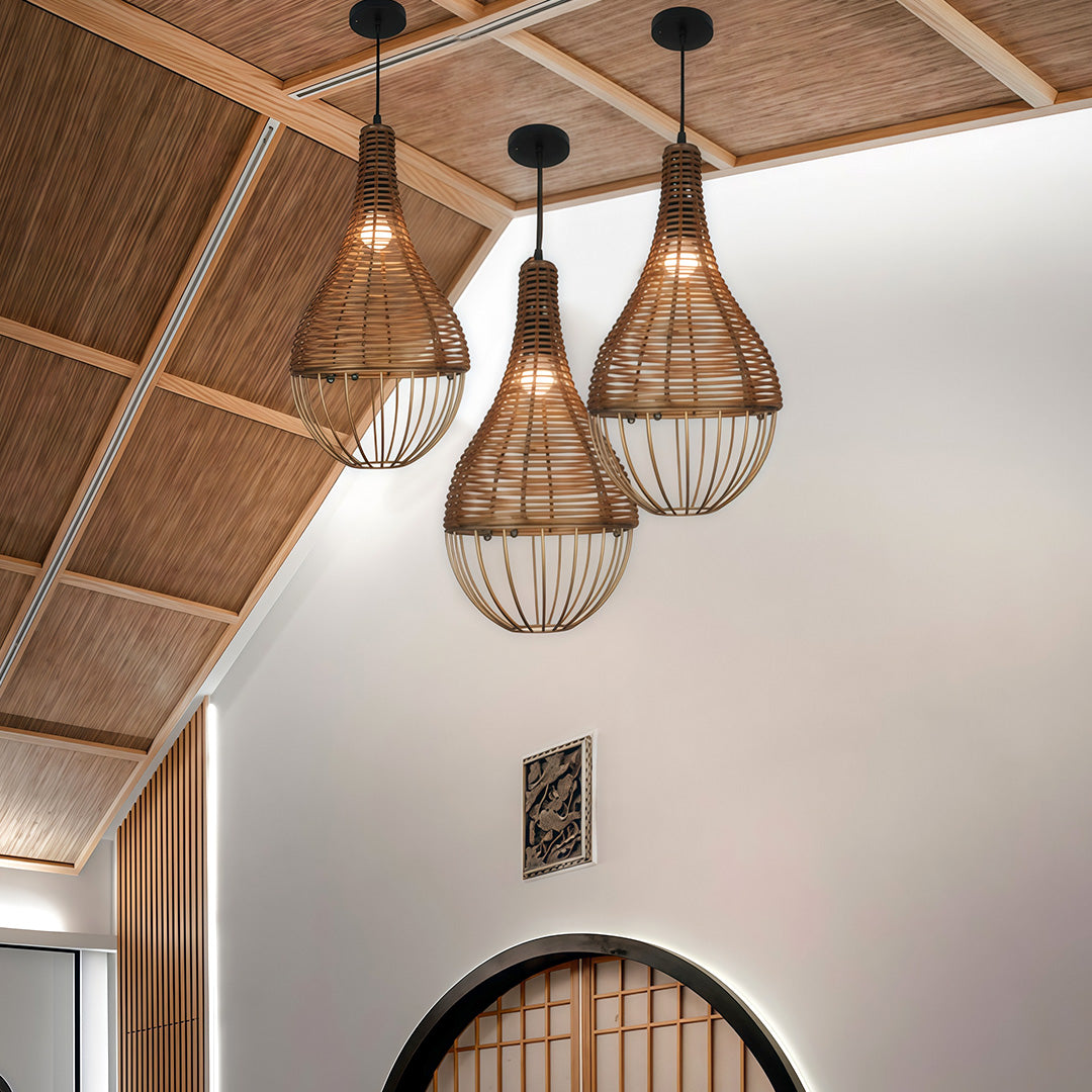 Handwoven Rattan Pendant Light with Industrial Iron Frame