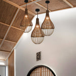Handwoven Rattan Pendant Light with Industrial Iron Frame