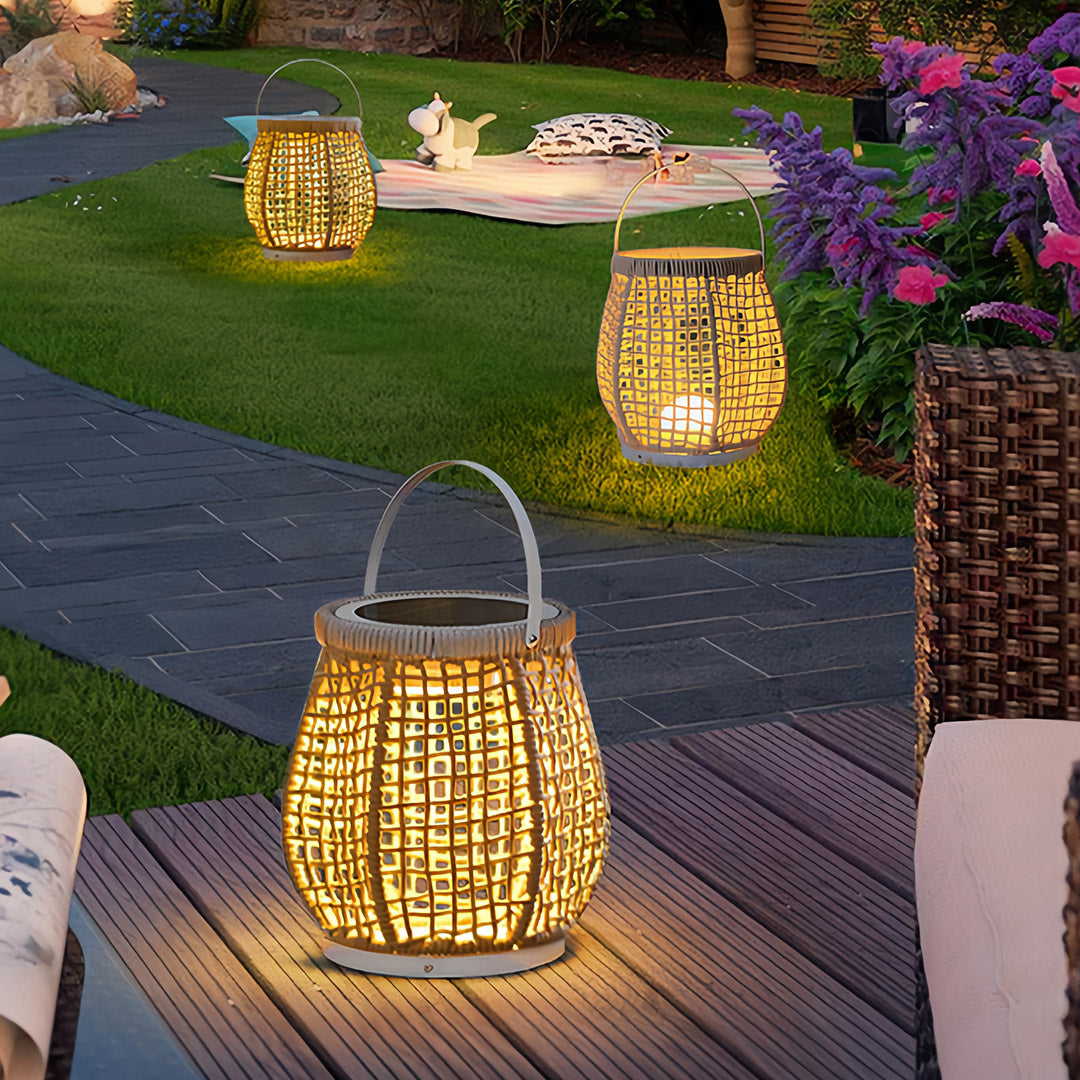 Woven Outdoor Lantern Floor Lamp with Handle, Portable Patio Lighting