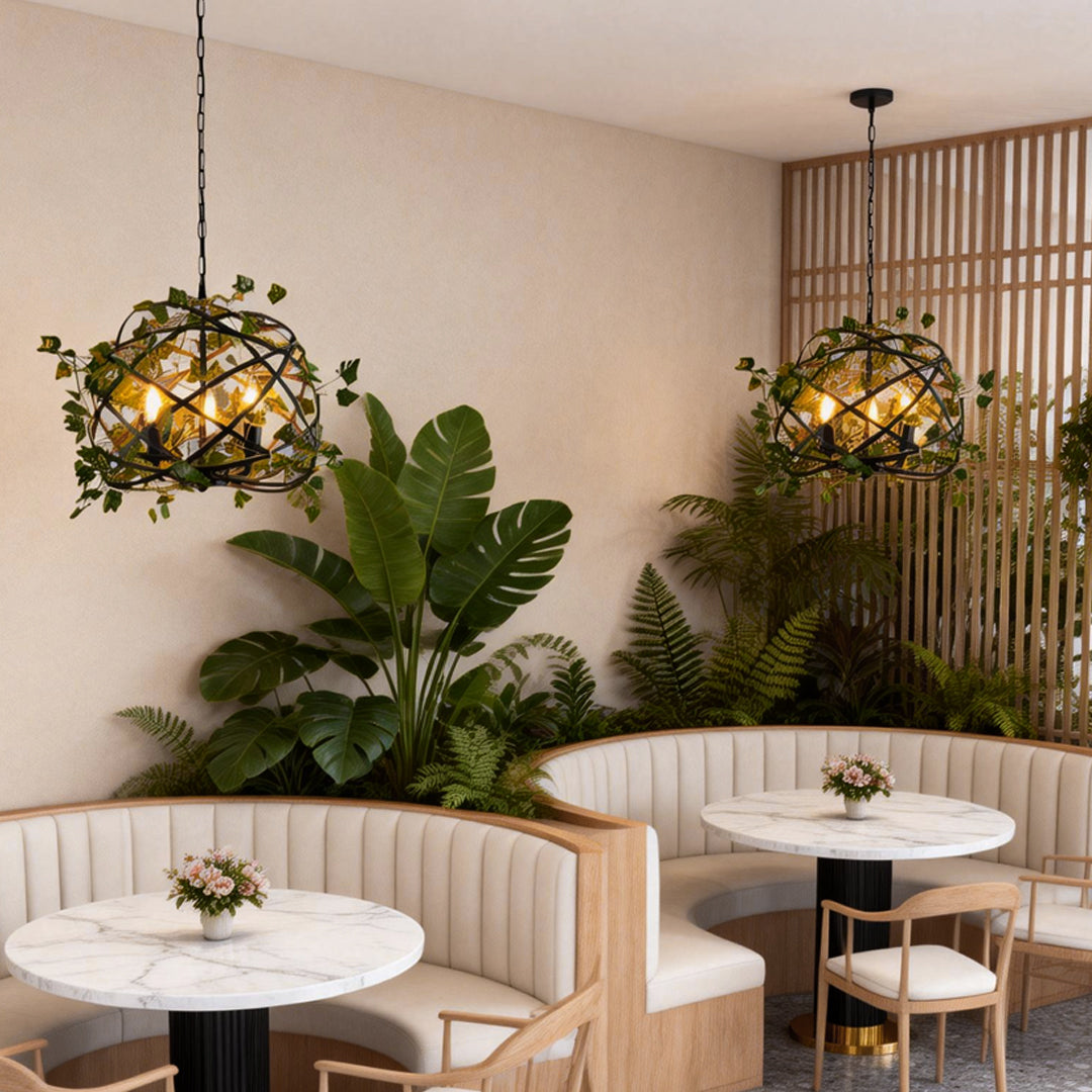 Vintage Iron Cage Pendant Light with Artificial Greenery and LED Bulbs