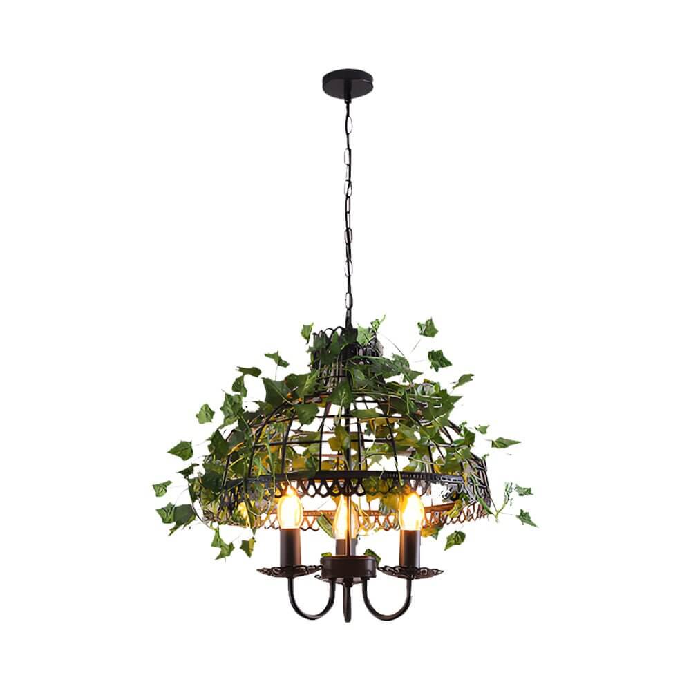 Vintage Iron Cage Pendant Light with Artificial Greenery and LED Bulbs