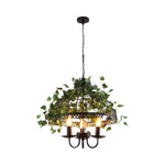 Vintage Iron Cage Pendant Light with Artificial Greenery and LED Bulbs