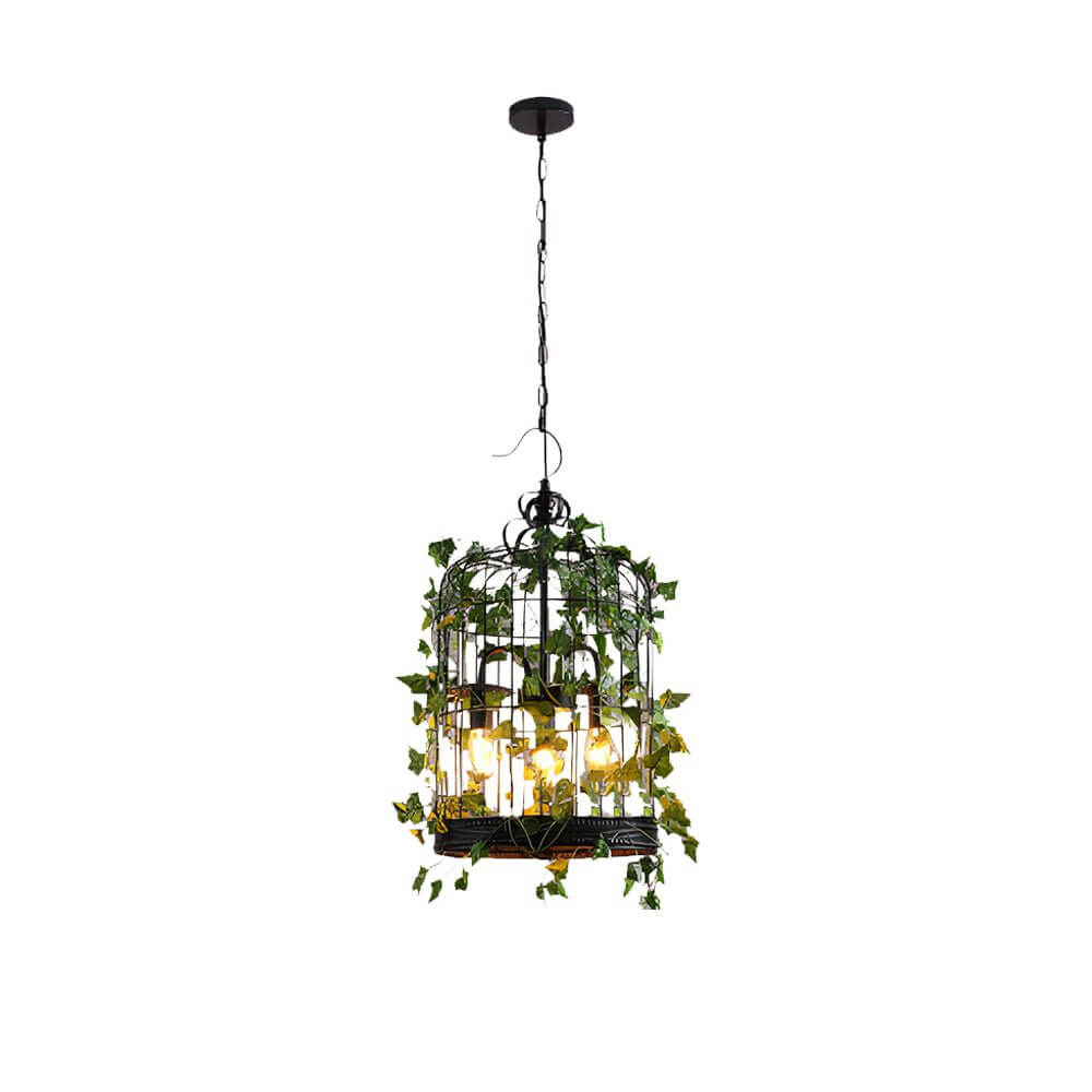 Vintage Iron Cage Pendant Light with Artificial Greenery and LED Bulbs