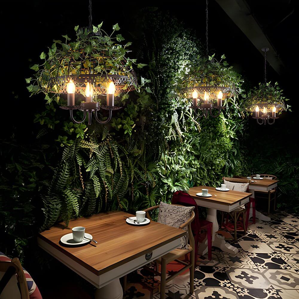 Vintage Iron Cage Pendant Light with Artificial Greenery and LED Bulbs