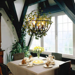 Vintage Iron Cage Pendant Light with Artificial Greenery and LED Bulbs