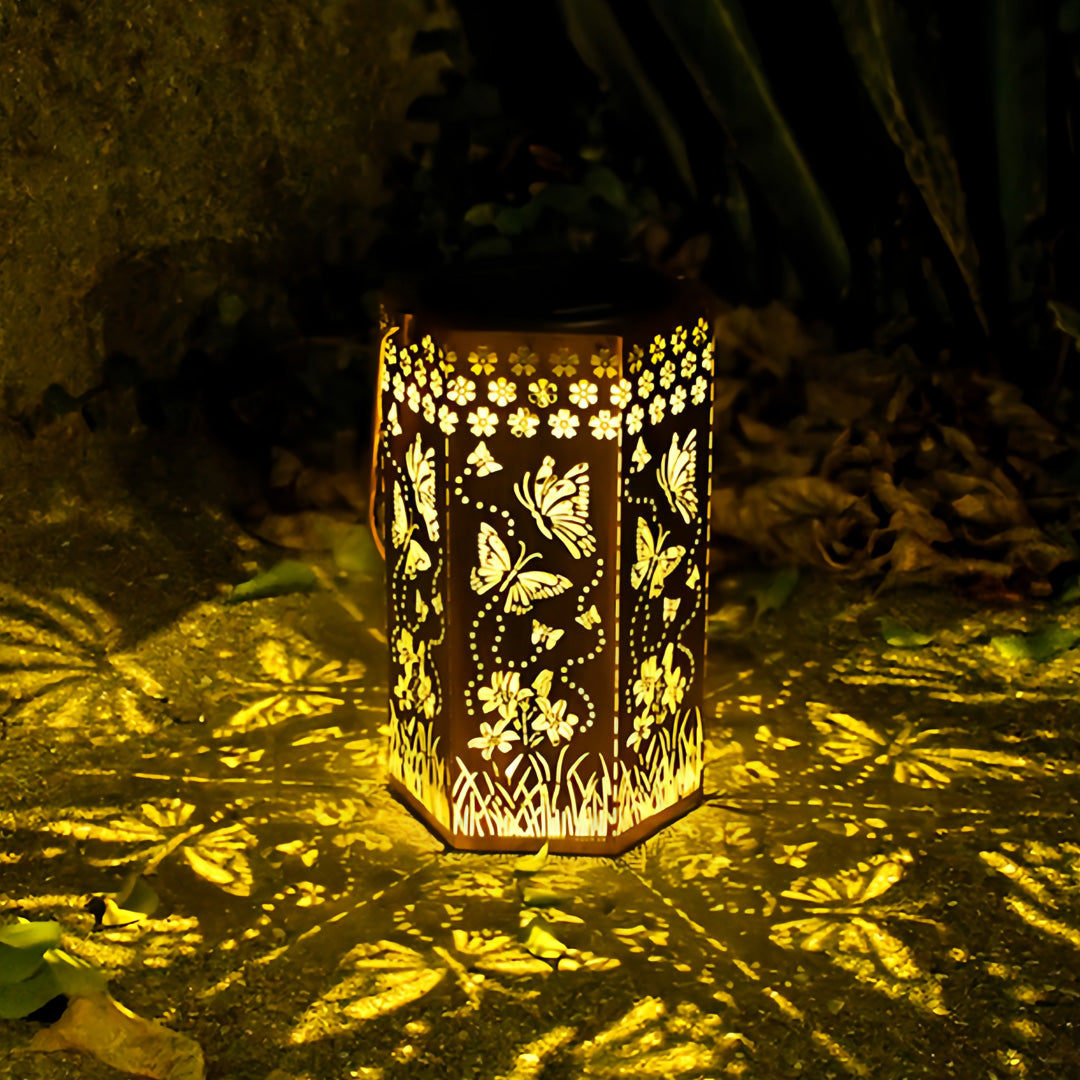 Solar-Powered Wrought Iron Outdoor Lantern with Nature Motifs