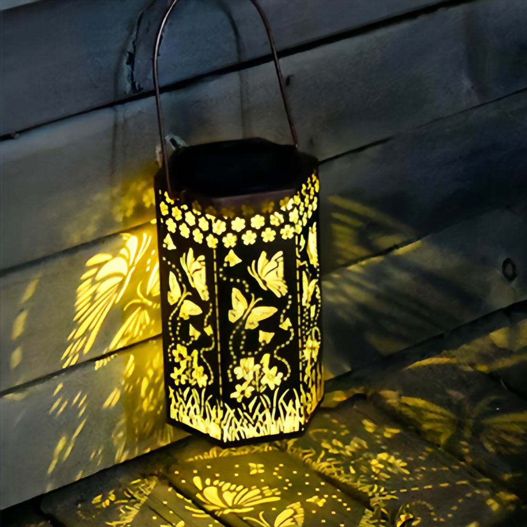 Solar-Powered Wrought Iron Outdoor Lantern with Nature Motifs