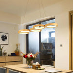 Modern Wood LED Chandelier with Four Ambient Rings for Dining and Living Spaces