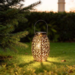 Vintage Red Copper Solar Lantern with Hollow Iron Design for Garden Paths