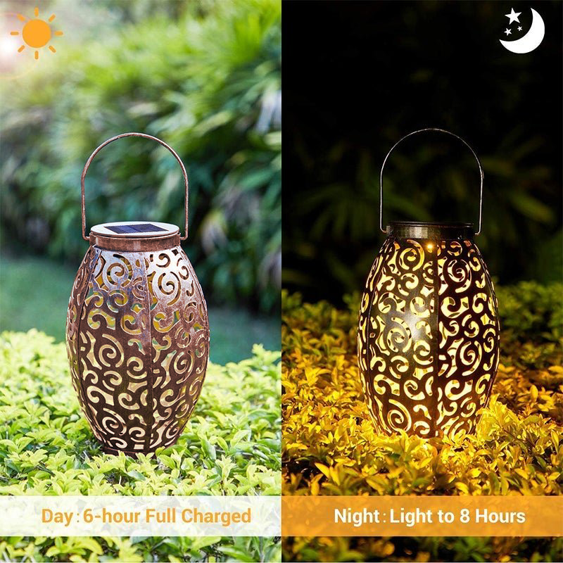Vintage Red Copper Solar Lantern with Hollow Iron Design for Garden Paths