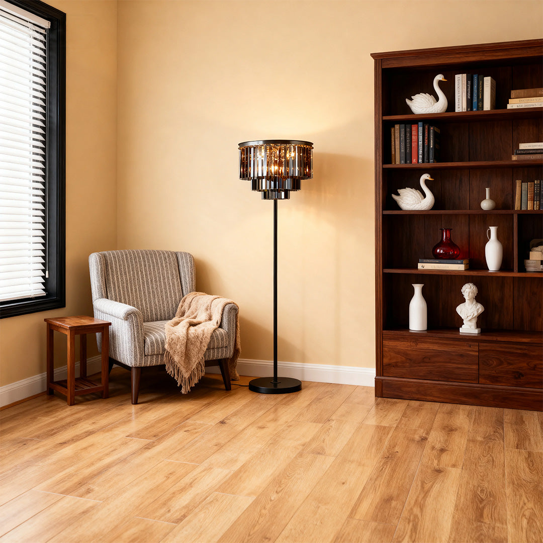Crystal Floor Lamp with Black Iron Base – American Glamorous Standing Light