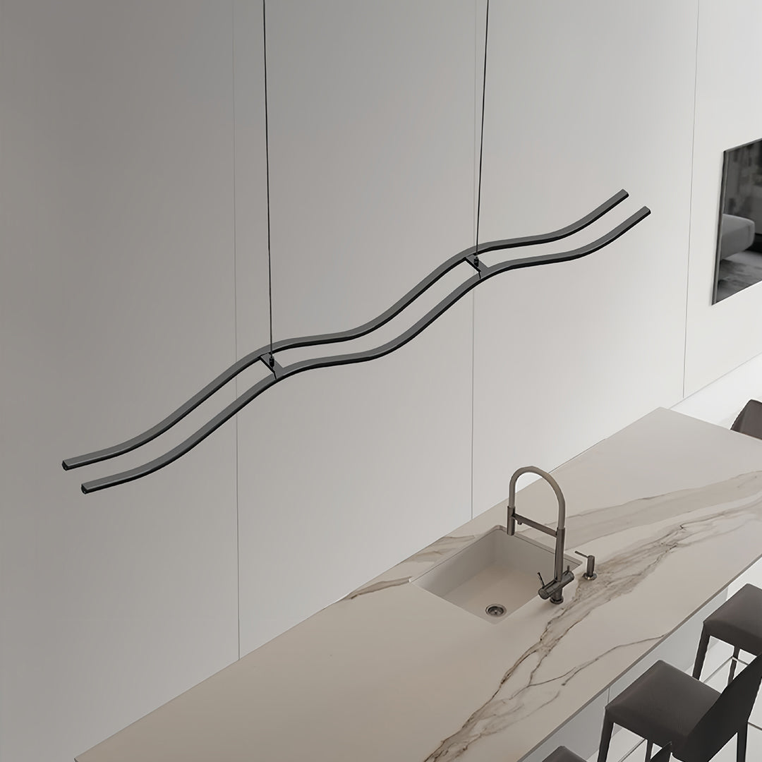 Modern Wavy Black Pendant Light for Kitchen Island, Minimalist LED Linear Suspension