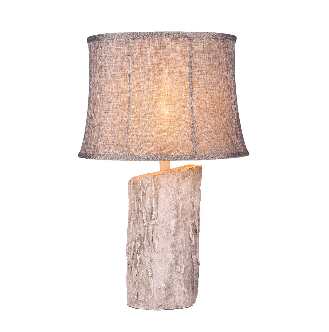 White Wood Table Lamp with Realistic Bark Fabric Shade