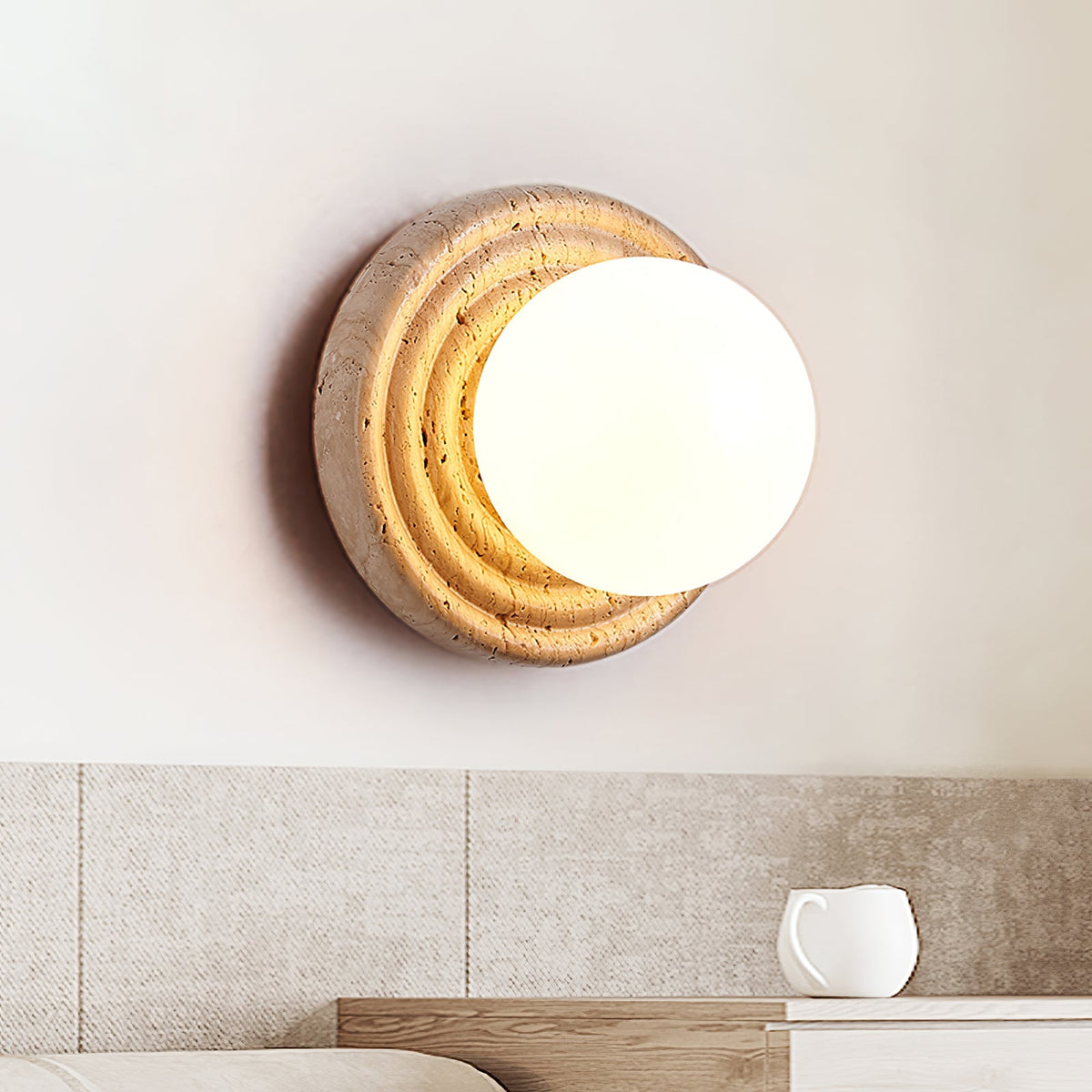 Elira Wall Sconce in Yellow Travertine with Opal Glass Shade