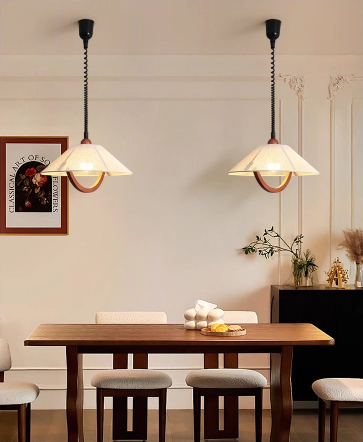 Nimbus Arc Pendant Light – Pleated Fabric Shade with Wood Accent