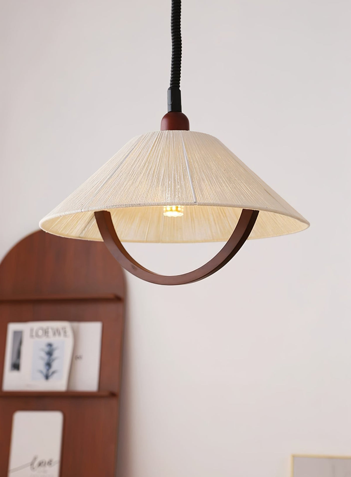 Nimbus Arc Pendant Light – Pleated Fabric Shade with Wood Accent
