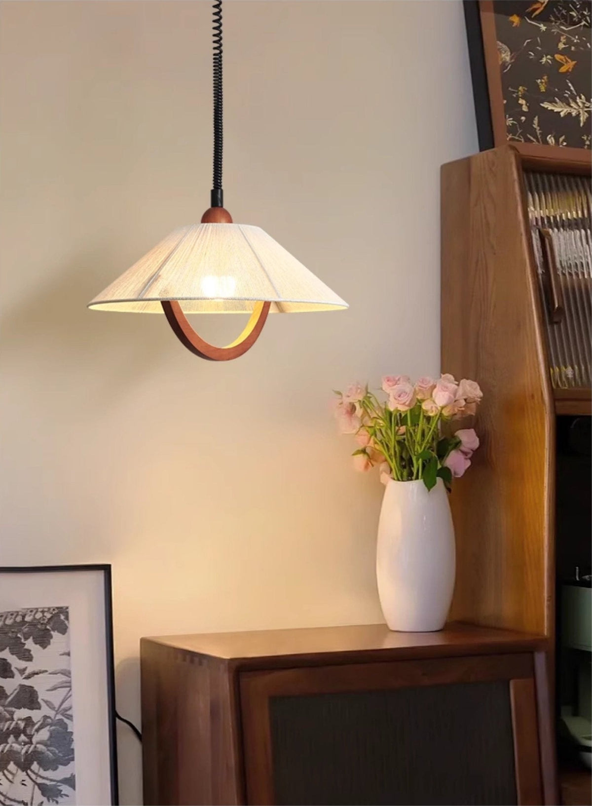 Nimbus Arc Pendant Light – Pleated Fabric Shade with Wood Accent
