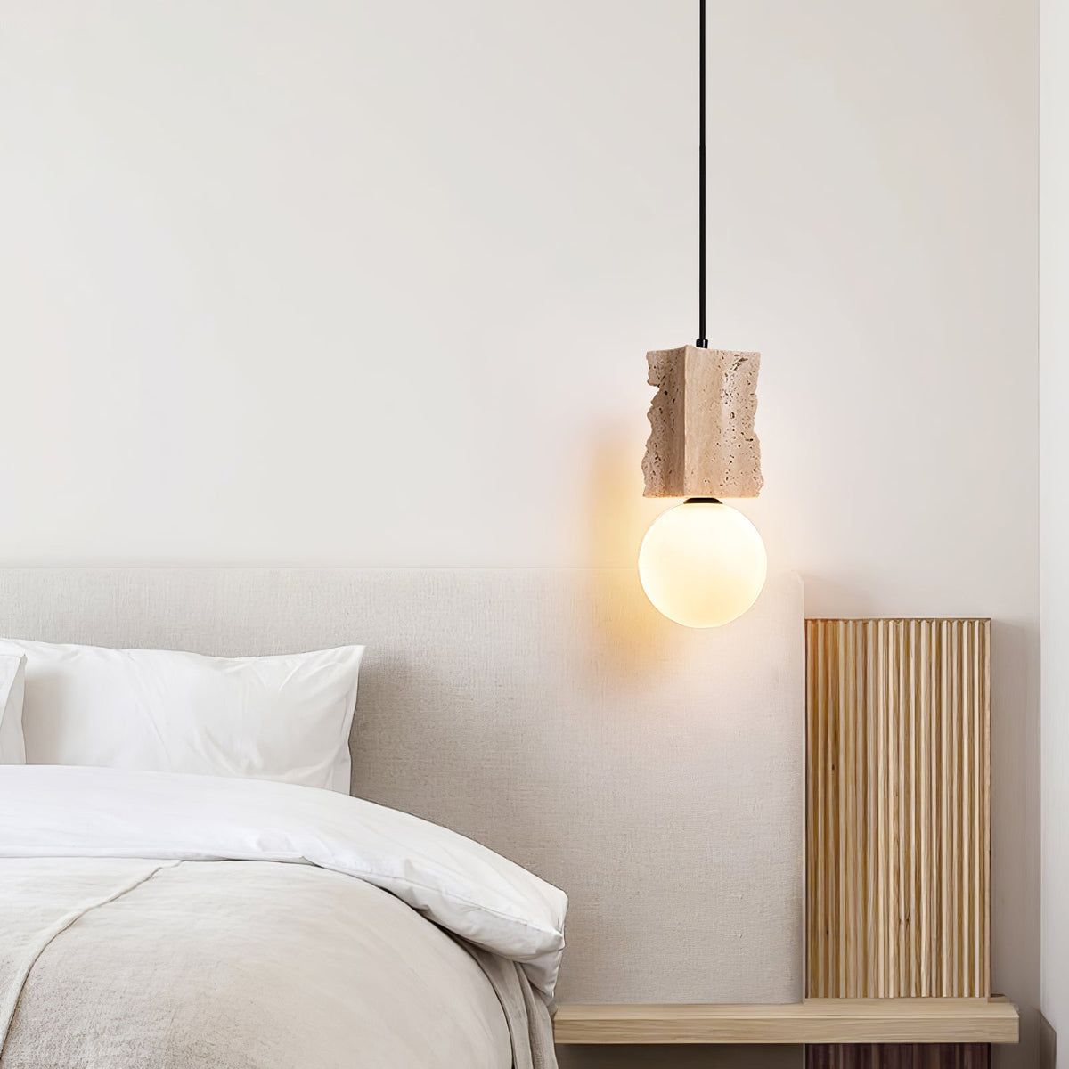 Terra Orb Pendant Light in Yellow Travertine with Opal Glass Globe