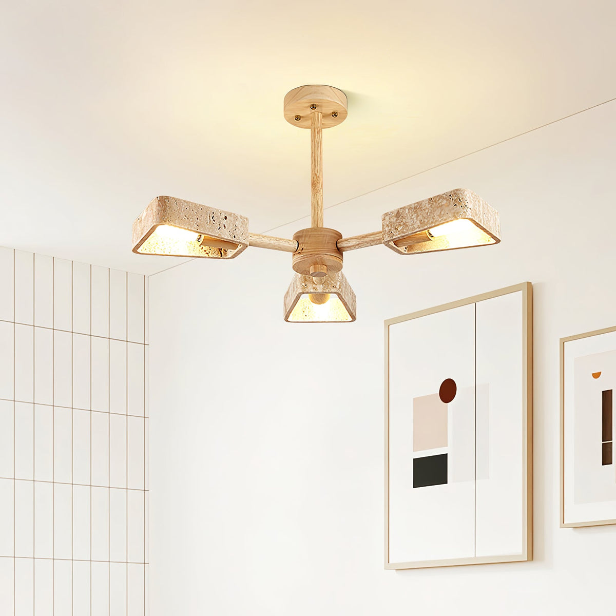 Elementa Travertine Chandelier — Modern Wood & Stone Pendant Light