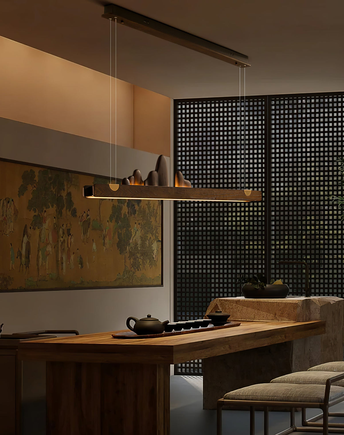 Zen Ridge Wooden Linear LED Pendant Light for Dining Room and Kitchen Island