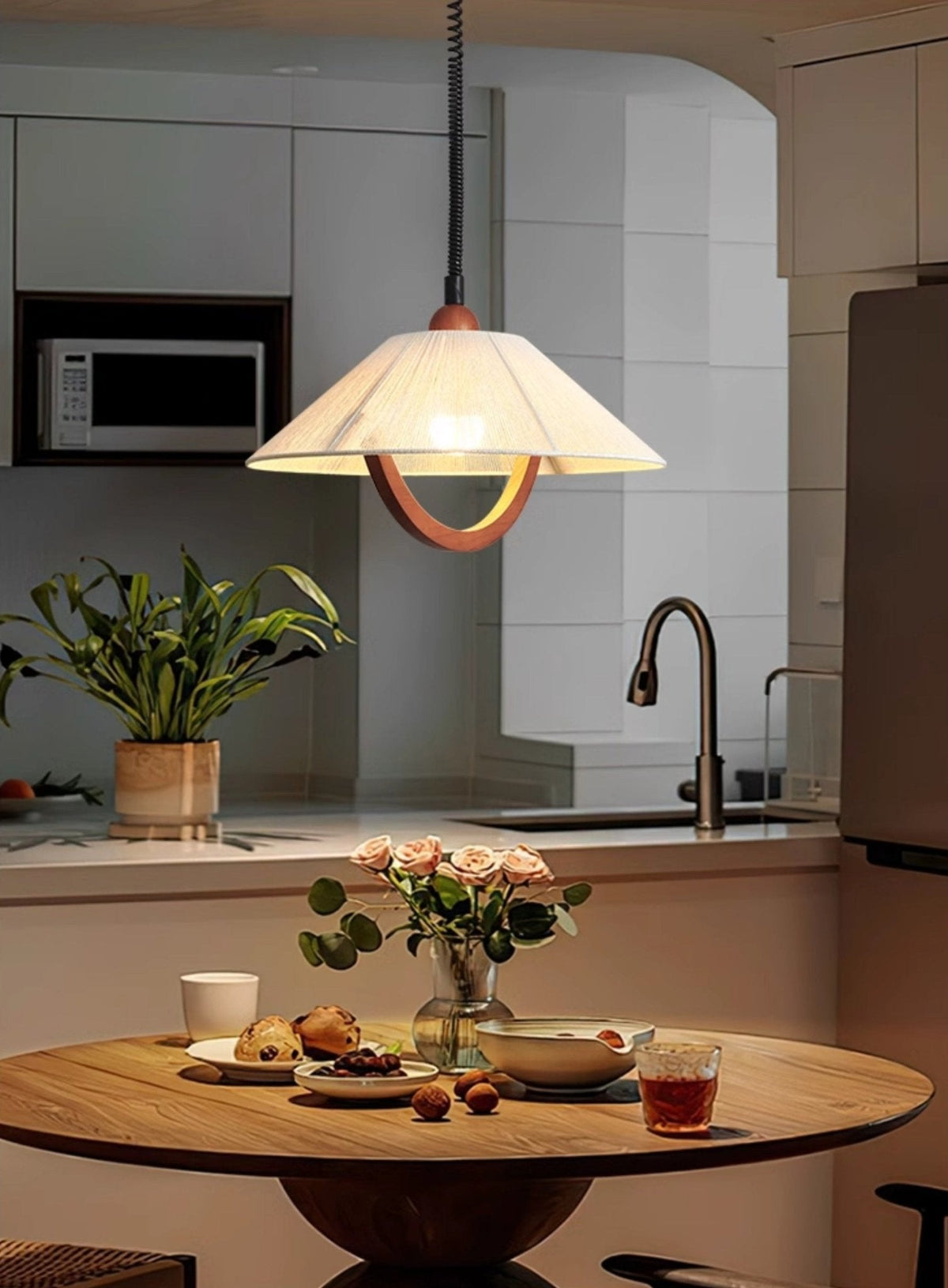 Nimbus Arc Pendant Light – Pleated Fabric Shade with Wood Accent