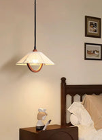 Nimbus Arc Pendant Light – Pleated Fabric Shade with Wood Accent
