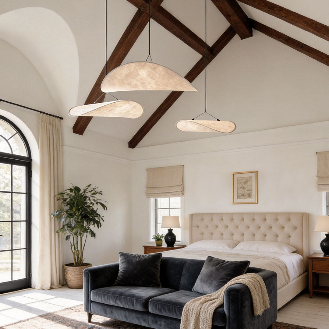 Modern Chip-Shaped LED Chandelier with Silk Shade, Oversized Ceiling Light
