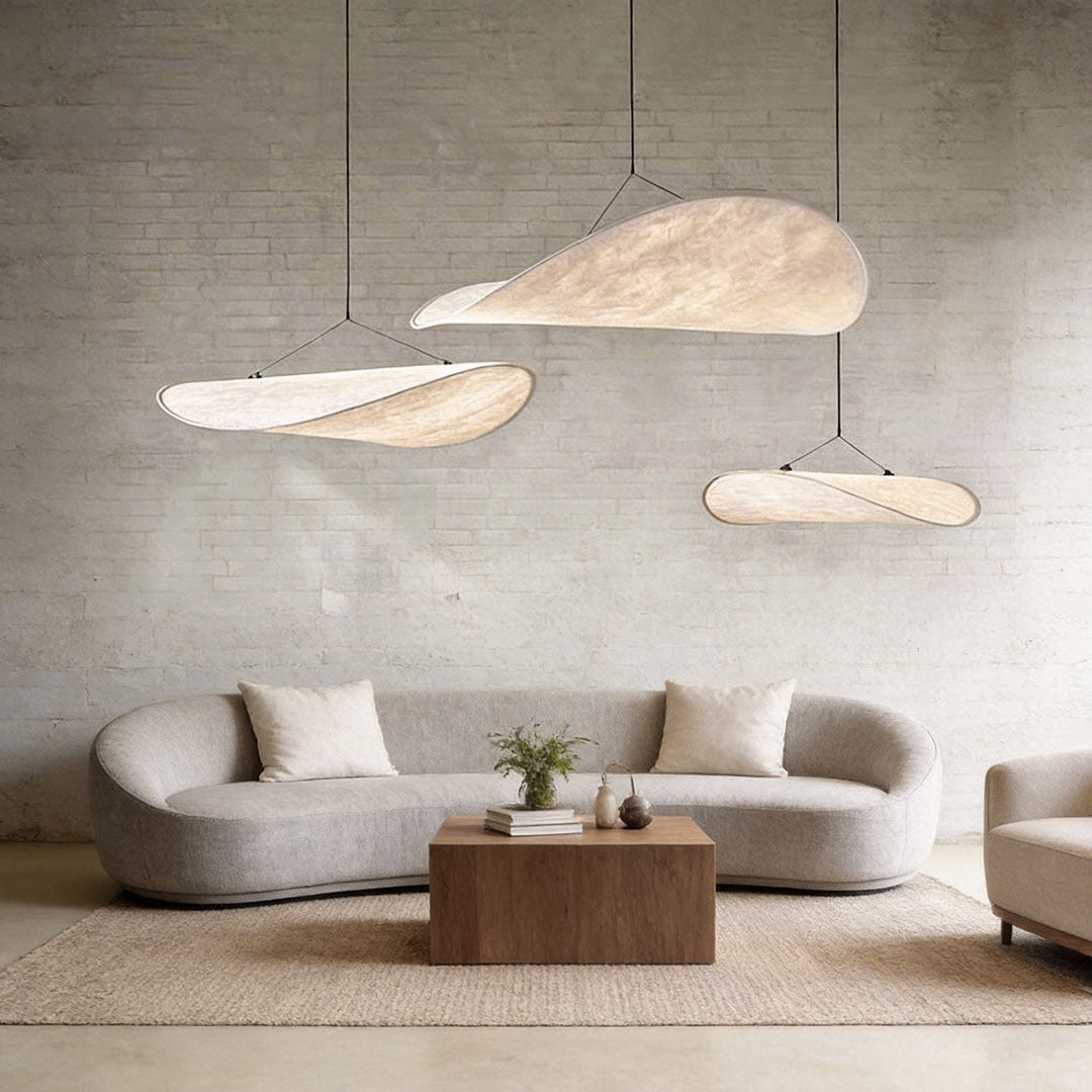 Modern Chip-Shaped LED Chandelier with Silk Shade, Oversized Ceiling Light